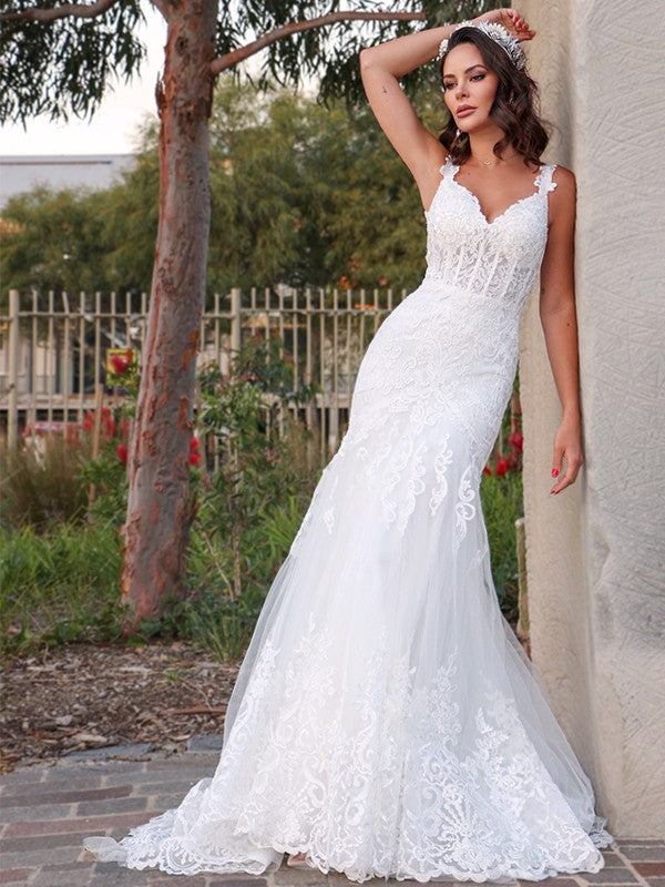 Trumpet/Mermaid Tulle V-neck Sleeveless Applique Sweep/Brush Train Wedding Dresses Bridal Gowns