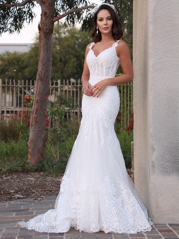 Trumpet/Mermaid Tulle V-neck Sleeveless Applique Sweep/Brush Train Wedding Dresses Bridal Gowns