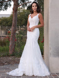Trumpet/Mermaid Tulle V-neck Sleeveless Applique Sweep/Brush Train Wedding Dresses Bridal Gowns