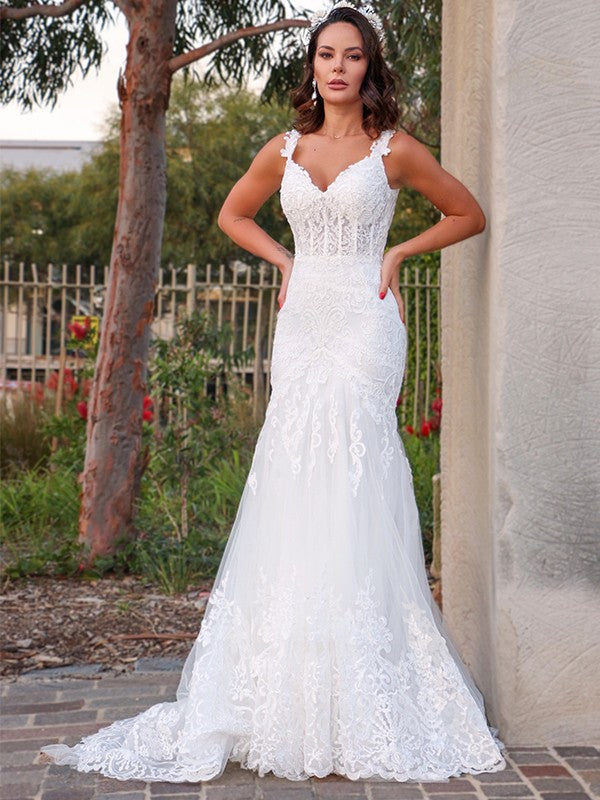 Trumpet/Mermaid Tulle V-neck Sleeveless Applique Sweep/Brush Train Wedding Dresses Bridal Gowns
