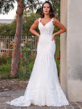 Trumpet/Mermaid Tulle V-neck Sleeveless Applique Sweep/Brush Train Wedding Dresses Bridal Gowns