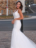 Trumpet/Mermaid Tulle V-neck Sleeveless Applique Sweep/Brush Train Wedding Dresses Bridal Gowns
