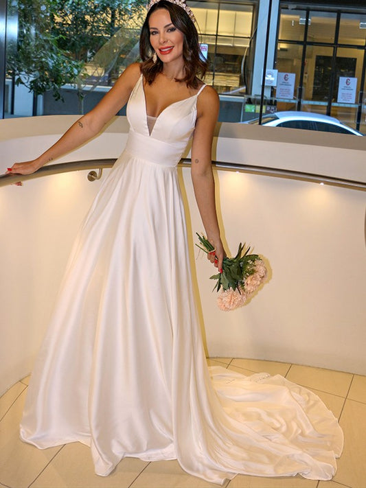 A-Linie/Princess-Linie Satin Chiffon Spaghettiträger Rüschen Ärmellos Sweep/Pinsel zug Brautkleider
