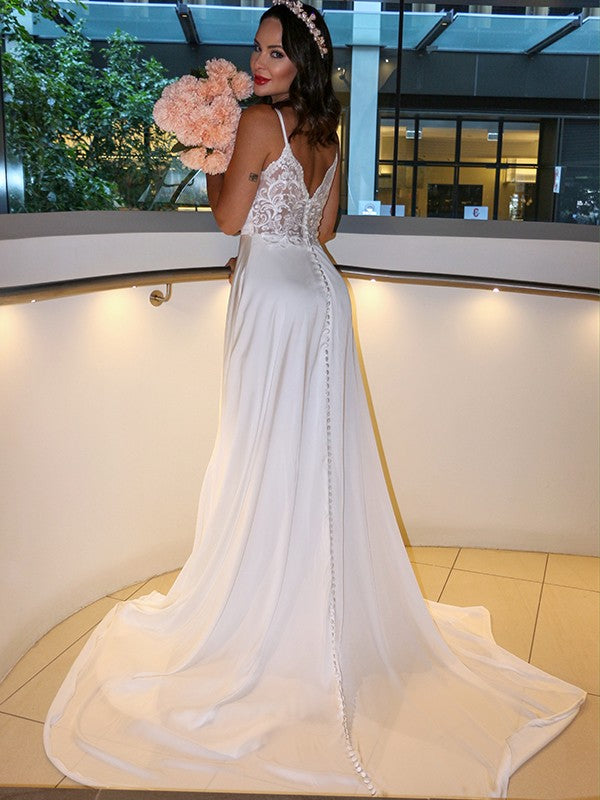 A-Linie/Princess-Linie Satin Chiffon Spaghettiträger Rüschen Ärmellos Sweep/Pinsel zug Brautkleider