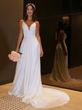 A-Linie/Princess-Linie Satin Chiffon Spaghettiträger Rüschen Ärmellos Sweep/Pinsel zug Brautkleider