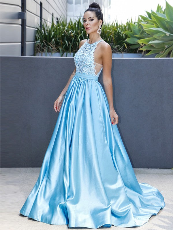 Vestido de noche de graduación con corte A/princesa, satén, halter, sin mangas, apliques, cola larga