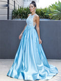 Vestido de noche de graduación con corte A/princesa, satén, halter, sin mangas, apliques, cola larga