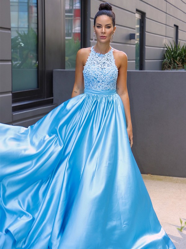Vestido de noche de graduación con corte A/princesa, satén, halter, sin mangas, apliques, cola larga