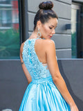 Vestido de noche de graduación con corte A/princesa, satén, halter, sin mangas, apliques, cola larga