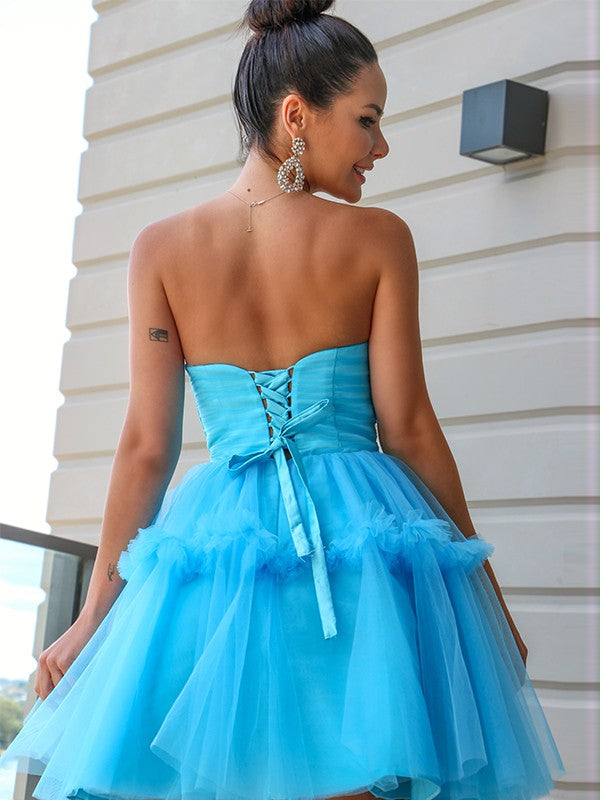 Vestidos de fiesta de graduación, corte A/princesa, sin tirantes, de tul, con volantes, sin mangas, cortos/mini, para cóctel