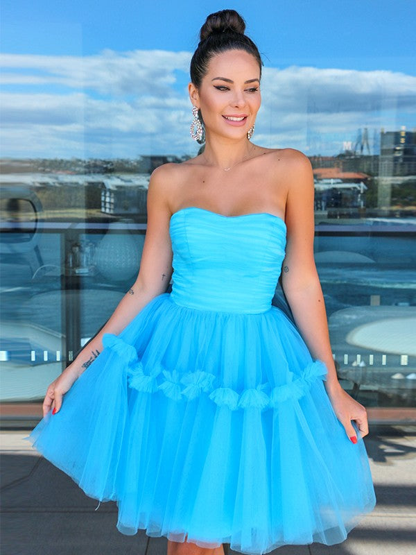 Vestidos de fiesta de graduación, corte A/princesa, sin tirantes, de tul, con volantes, sin mangas, cortos/mini, para cóctel