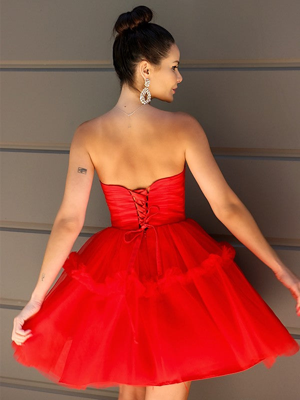 Vestidos de fiesta de graduación, corte A/princesa, sin tirantes, de tul, con volantes, sin mangas, cortos/mini, para cóctel