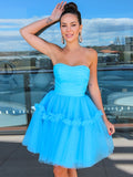 Vestidos de fiesta de graduación, corte A/princesa, sin tirantes, de tul, con volantes, sin mangas, cortos/mini, para cóctel