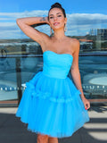Vestidos de fiesta de graduación, corte A/princesa, sin tirantes, de tul, con volantes, sin mangas, cortos/mini, para cóctel