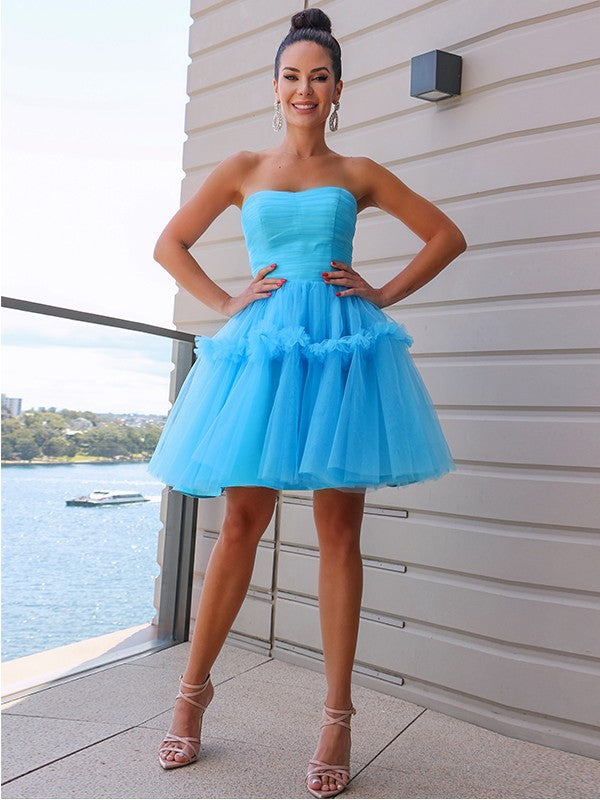 Vestidos de fiesta de graduación, corte A/princesa, sin tirantes, de tul, con volantes, sin mangas, cortos/mini, para cóctel