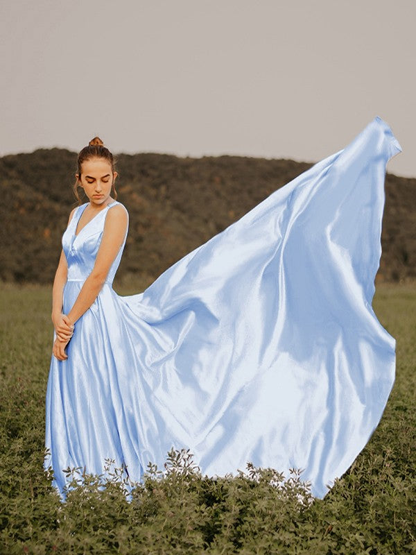 Vestido de noche de graduación con corte A/princesa, volantes, escote en V, sin mangas, satén, cola larga