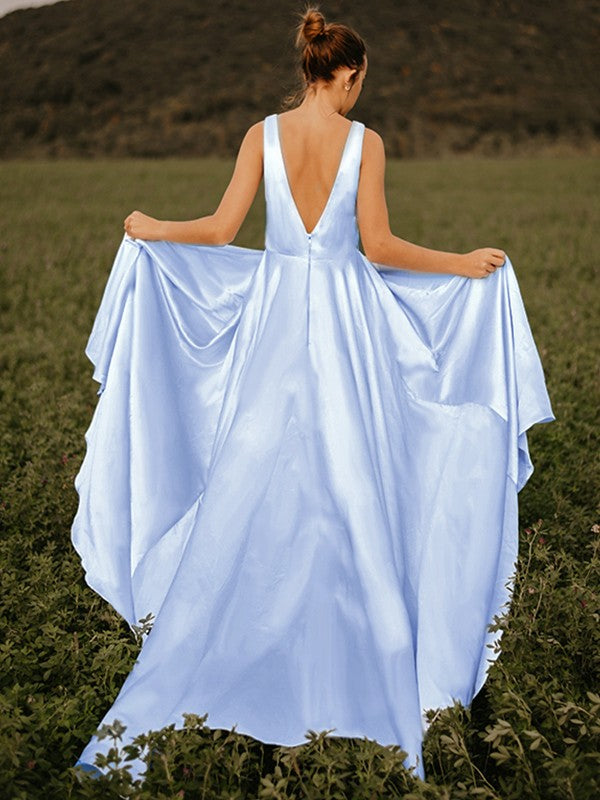 Vestido de noche de graduación con corte A/princesa, volantes, escote en V, sin mangas, satén, cola larga