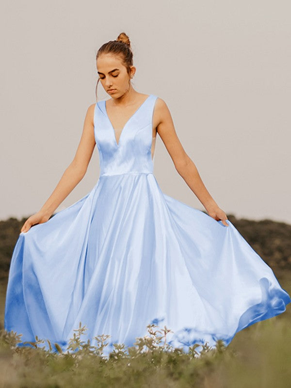 Vestido de noche de graduación con corte A/princesa, volantes, escote en V, sin mangas, satén, cola larga