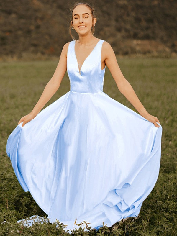 Vestido de noche de graduación con corte A/princesa, volantes, escote en V, sin mangas, satén, cola larga