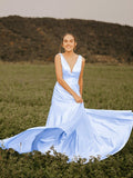 Vestido de noche de graduación con corte A/princesa, volantes, escote en V, sin mangas, satén, cola larga