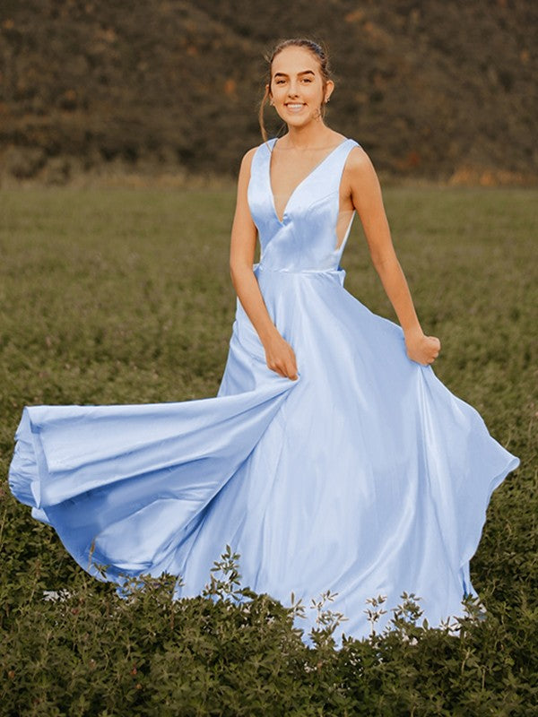 Vestido de noche de graduación con corte A/princesa, volantes, escote en V, sin mangas, satén, cola larga