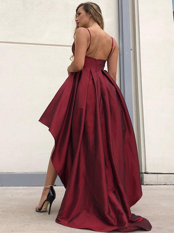 Vestido de fiesta asimétrico de corte A/princesa con tirantes finos, tafetán, volantes, sin mangas y corte A