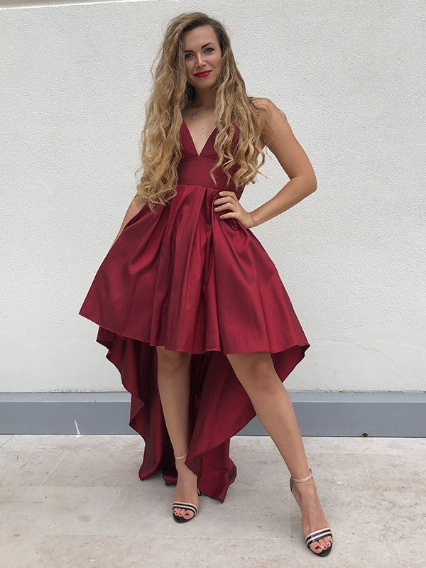Vestido de fiesta asimétrico de corte A/princesa con tirantes finos, tafetán, volantes, sin mangas y corte A