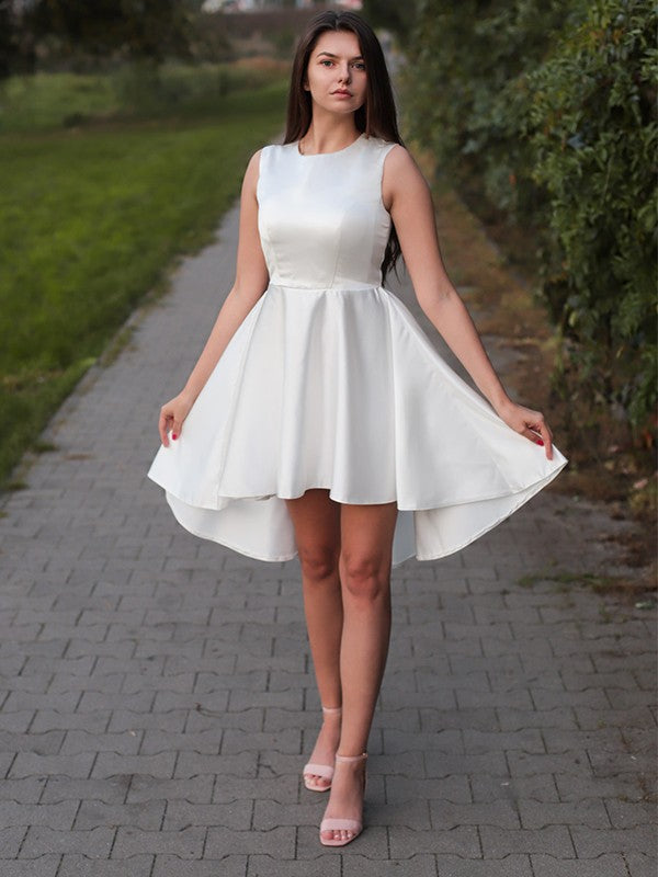 Vestido de fiesta corto/mini de satén con volantes, joya, sin mangas, corte A/princesa