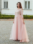 Vestido de noche de fiesta con corte A/princesa, tul, apliques, escote barco, mangas 3/4 y cola larga