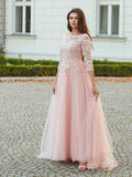 Vestido de noche de fiesta con corte A/princesa, tul, apliques, escote barco, mangas 3/4 y cola larga