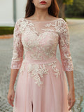 Vestido de noche de fiesta con corte A/princesa, tul, apliques, escote barco, mangas 3/4 y cola larga
