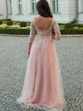 Vestido de noche de fiesta con corte A/princesa, tul, apliques, escote barco, mangas 3/4 y cola larga