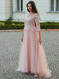 Vestido de noche de fiesta con corte A/princesa, tul, apliques, escote barco, mangas 3/4 y cola larga