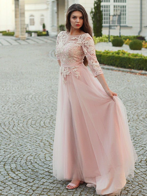 Vestido de noche de fiesta con corte A/princesa, tul, apliques, escote barco, mangas 3/4 y cola larga