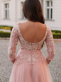 Vestido de noche de fiesta con corte A/princesa, tul, apliques, escote barco, mangas 3/4 y cola larga