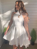 Vestidos de fiesta de graduación, corte A/princesa, satén, volantes, halter, sin mangas, cortos/mini, para cóctel