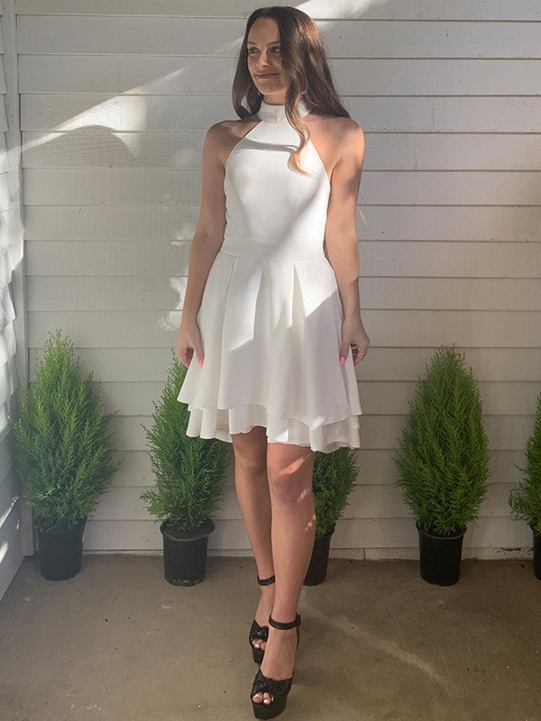 Vestidos de fiesta de graduación, corte A/princesa, satén, volantes, halter, sin mangas, cortos/mini, para cóctel