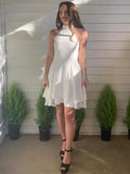 Vestidos de fiesta de graduación, corte A/princesa, satén, volantes, halter, sin mangas, cortos/mini, para cóctel