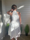 Vestidos de fiesta de graduación, corte A/princesa, satén, volantes, halter, sin mangas, cortos/mini, para cóctel