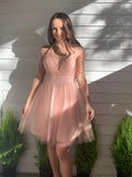 Vestido de fiesta de cóctel con corte A/princesa, tul, cuello halter, sin mangas, volantes, corto/mini