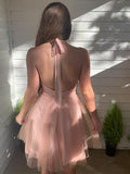 Vestido de fiesta de cóctel con corte A/princesa, tul, cuello halter, sin mangas, volantes, corto/mini