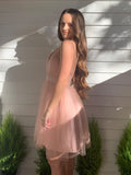 Vestido de fiesta de cóctel con corte A/princesa, tul, cuello halter, sin mangas, volantes, corto/mini