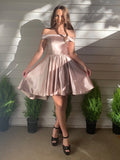 Vestido de cóctel de graduación, corte A/princesa, sin mangas, de satén, con volantes, corto/mini, para regreso a casa