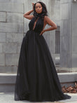 Ballkleid Tüll Rüschen V-Ausschnitt Ärmellos Hofschleppe Kleider Ballkleid Abendkleid