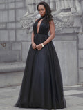 Ballkleid Tüll Rüschen V-Ausschnitt Ärmellos Hofschleppe Kleider Ballkleid Abendkleid