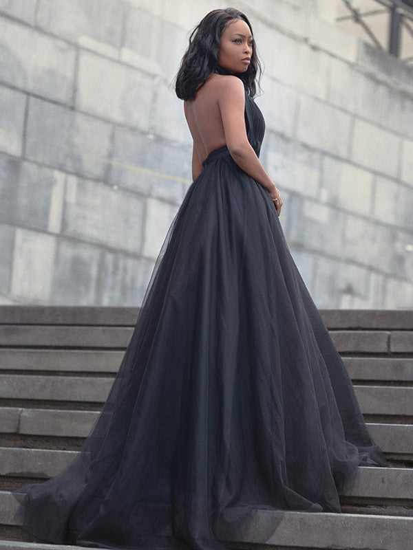 Ballkleid Tüll Rüschen V-Ausschnitt Ärmellos Hofschleppe Kleider Ballkleid Abendkleid