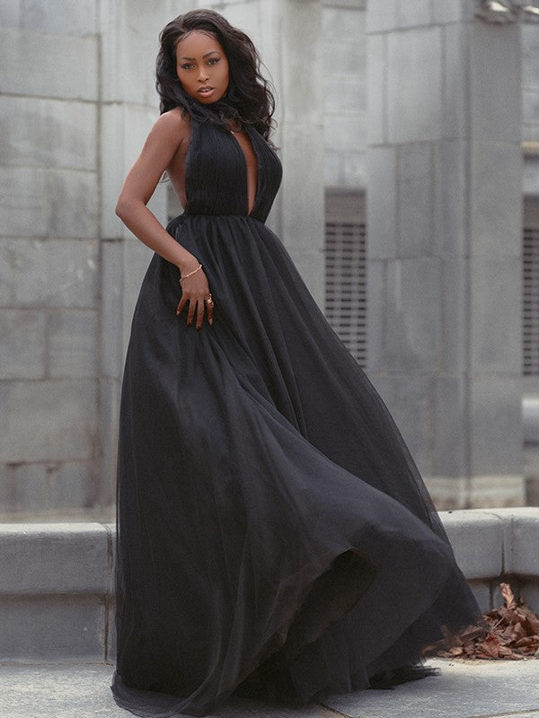 Ballkleid Tüll Rüschen V-Ausschnitt Ärmellos Hofschleppe Kleider Ballkleid Abendkleid