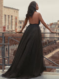 Ballkleid Tüll Rüschen V-Ausschnitt Ärmellos Hofschleppe Kleider Ballkleid Abendkleid