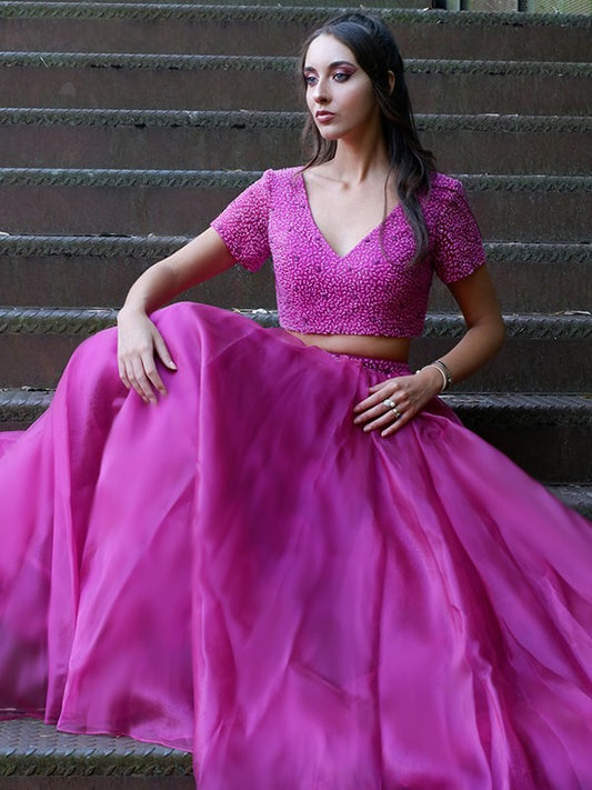 Vestido de fiesta de dos piezas de tul, corte princesa, escote en V, abalorios, mangas cortas, largo hasta el suelo, vestido de noche