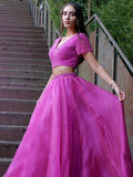 Vestido de fiesta de dos piezas de tul, corte princesa, escote en V, abalorios, mangas cortas, largo hasta el suelo, vestido de noche